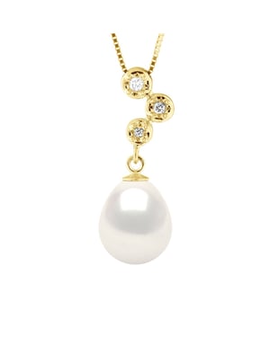 Halsband Smycken Diamanter 0,06 Cts - Kvalitet HSI Gul Guld och äkta odlad sötvattenspärla Pärla 9-10 mm