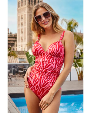 Pink Zebra Print Ruched Detail Swimsuit With Gold Detail