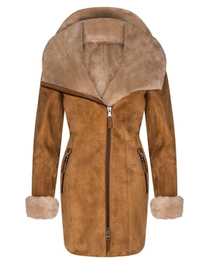 Dames merino schapenvacht jas met capuchon-antiek