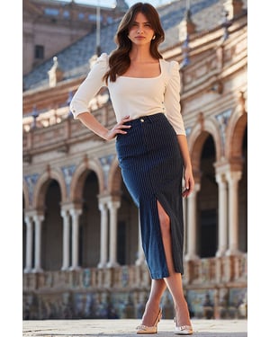 Navy Blue Pinstripe Midi Denim Skirt