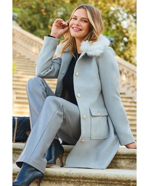 Light Grey Button Detail Coat With Faux Fur Collar