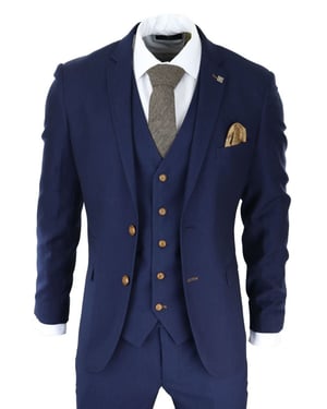 Mens 3 Piece Navy Blue Birdseye Classic Suit