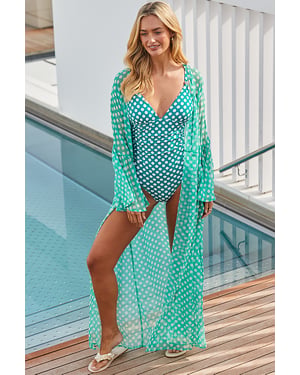 Green & White Spot Print Tie Waist Fluted Sleeve Beach Kaftan