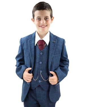 Boys 3 Piece Blue  Herringbone Tweed Check Classic  Suit