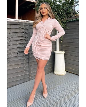 Nude Ruched Button Front Bodycon Dress