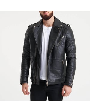 BARNEYS ORIGINALS Ribbed Sleeve Real Leather Jacket
