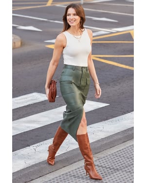 Khaki Green Leather Utility Pencil Skirt