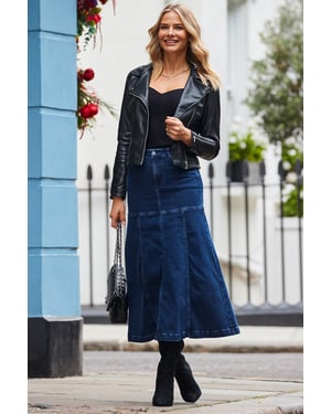 Dark Indigo Blue Panelled Denim Midi Skirt