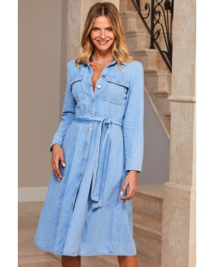 Light Wash Denim Midi Shirt Dress