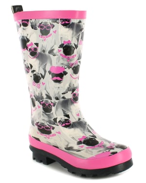 Platino Girls Pug Wellies Brandie Slip On Grey pug print