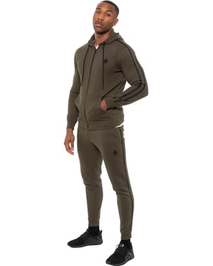 Enzo | Heren Zip Up Tape Hoodie Tracksuit Set - Khaki