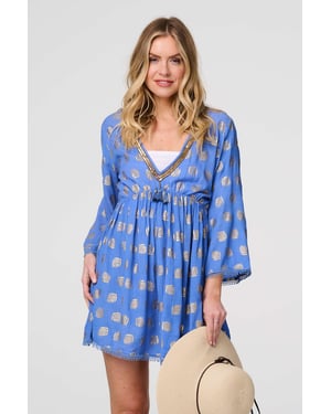 Blue Foiled Leaf Print Short Beach Dress