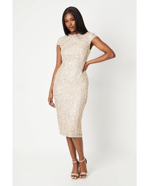 Cap Sleeve Pearl Embellished Pencil Dress