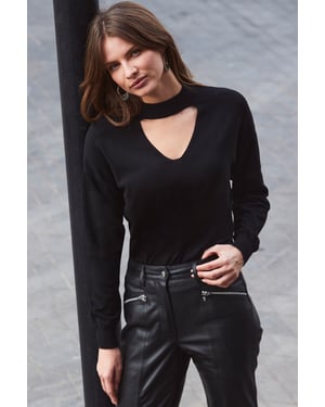 Black Keyhole Detail Fine Knit Jumper