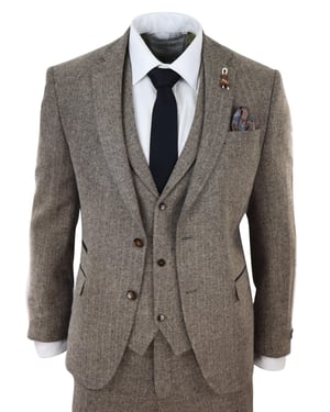 Heren Eikenbruin 3-delige Tweed Kostuum Vintage Haringbeen 1920s Retro Peaky Blinders