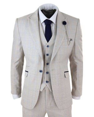 Heren 3-delig crème geruit tweed visgraat vintage klassiek pak