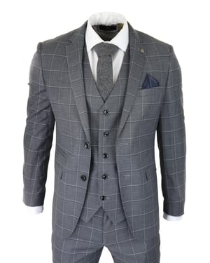 Mens Grey Suit 3 Piece Check Vintage Retro Smart Wedding Classic Tailored Fit