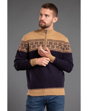 Camel 1/4 Zip Colourblock And Jacquard Funnel Neck Jumper