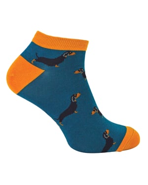 Mens Bamboo Trainer Socks | Mr Heron | Animal Themed Breathable Low Cut Sneaker Socks - Sausage Dog (Teal)
