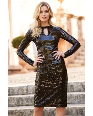 Black Sequin Cut Out Back Detail Dress