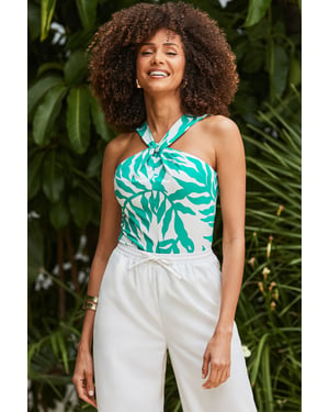 Green & White Palm Print Halter Neck Jersey Top