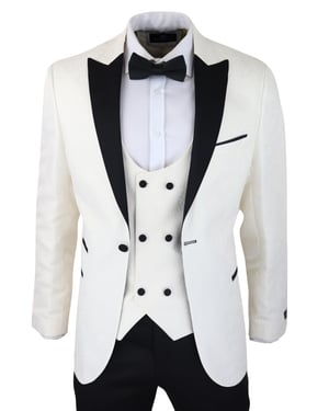 Herr Beige Smoking Blazer Väst Brokad Elfenben Satin Paisley Middagskavaj