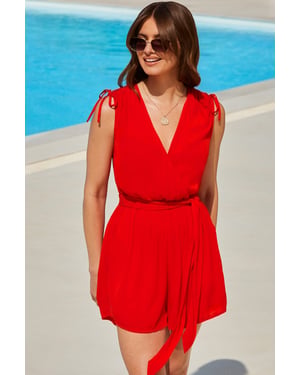 Summer Red Crinkle Tie Shoulder Wrap Playsuit