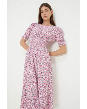 Pink Ditsy Shirred Waist Midi Dress