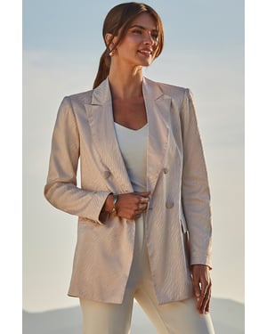 Champagne Gold Animal Jacquard Satin Double Breasted Blazer