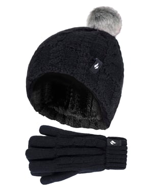 Heat Holders - Girls Bobble Pom Pom Hat and Gloves Set | Turn Over Cuff Hat & Cable Knit Gloves Style - Black