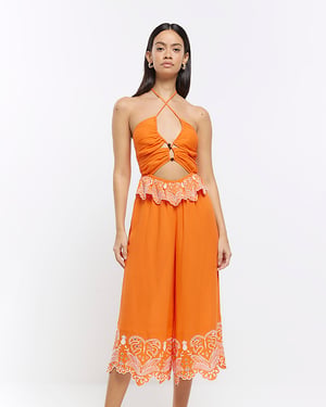 River Island Womens Jumpsuit Orange Halter Neck Cut Out