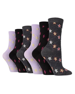6 Pair Multipack Ladies Autumn Socks | Wildfeet | Cute Novelty Design Knitted Boot Socks - Stars