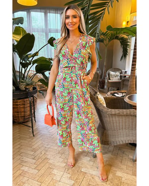 Multi Floral Print V Neck Belted Jumpsuit