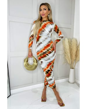 Cream And Orange Abstract Print Mesh Long Sleeve Bodycon Midi Dress