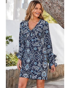 Navy Blue Paisley Print Ruffle Sleeve Shift Dress