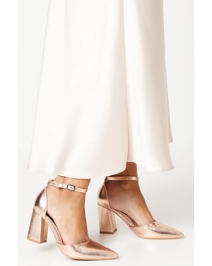 Blanche Ankle Strap Pointed High Block Heel Court Shoes