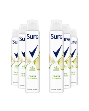 Sure Women Deodorant Spray Pear & Jasmine with 48Hrs Protection 200ml, 6 Pack
