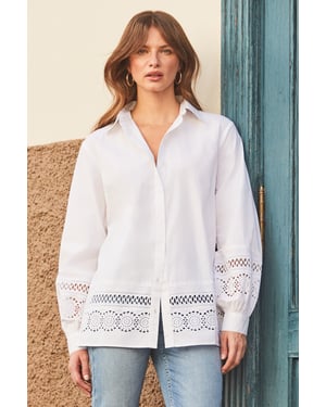 White Broderie Detail Balloon Sleeve Cotton Shirt