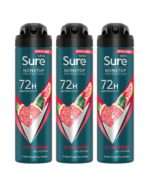 Sure Men Nonstop Protection 72H Anti-Perspirant Deodorant Ultra Fresh 150ml, 3pk