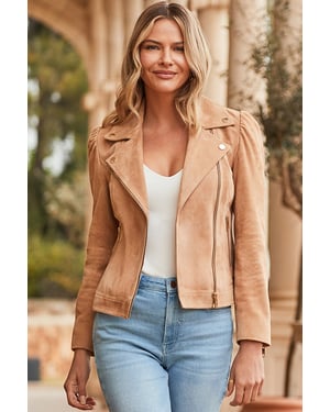 Camel Suede Ruched Sleeve Biker Jacket