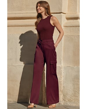 Burgundy Wide Leg Cargo Trousers