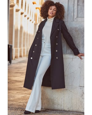 Black Longline Trench Coat With Faux Leather Trim