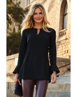 Black Keyhole Detail Fluted Cuff Tunic Top