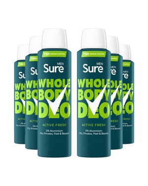 Sure Men Whole Body Deodorant Spray Active Fresh w/ 72H Odour Control 150ml, 6pk