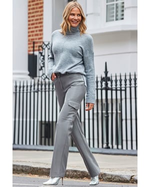 Grey Faux Leather Wide Leg Cargo Trousers With Pocket Detail
