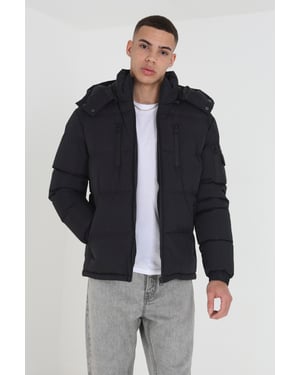 Black Padded Jacket With Detachable Hood