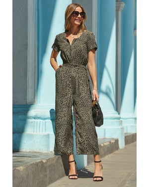 Khaki Green Animal Print Zip Front Culotte Jumpsuit