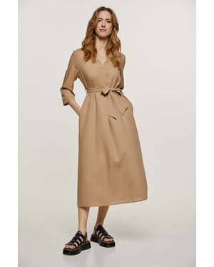Beige linnen stijl midi jurk met ceintuur