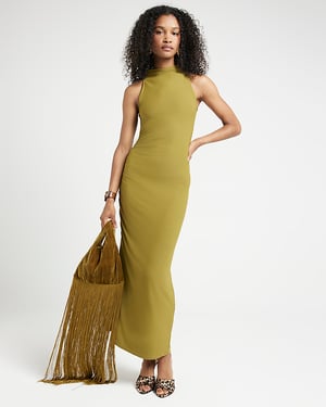 River Island Womens Bodycon Midi Dress Green Ruched High Neck