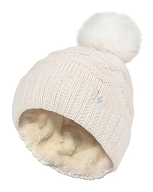 Ladies Winter Fur Beanie Hat | Heat Holders | Zigzag Patterned Pom Pom Hat | Womens Thermal Cuff Bobble Hat - Cream